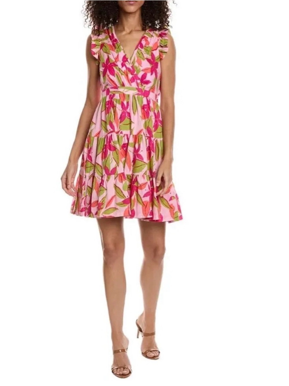 Taylor Printed Lawn Mini Dress Pink Green Floral Tiered Flutter Sleeve S